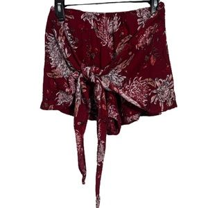 Burgundy Floral shorts with wrap tie in the front size xl
